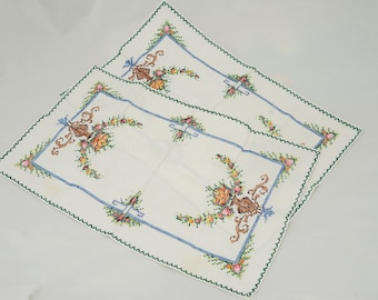 Pair of Cross Stitched Cotton Placemats, Table Runners, Floral Cross Stitch