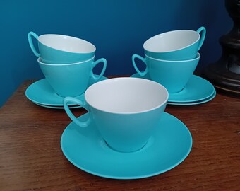 Vintage Gaydon Melmex Tea Cups and Saucers, 1950s Blue Picnicware, Set of 5