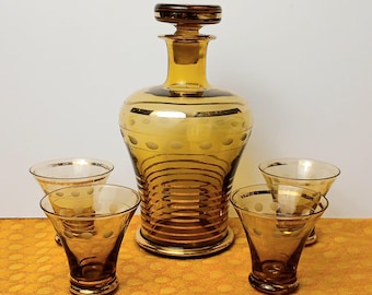 Vintage Amber Glass Decanter with Glasses, Mid Century Barware