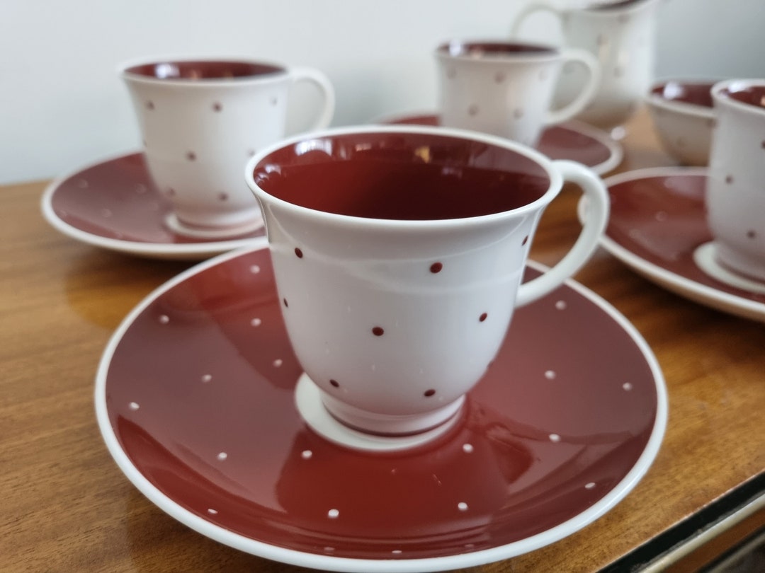 Vintage Susie Cooper Maroon Polka Dot Espresso Cup Set, Bone China