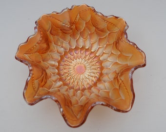 Vintage Orange Lusterware Fish Scale Carnival Glass Bowl