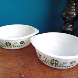 Vintage Glasbake Casserole Dishes: Green Floral Mid Century Ovenware Pair