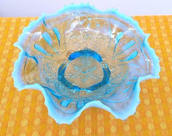 Mid Century Duotone Glass Bowl: Ruffled Edge, Cherry & Snowflake Motif