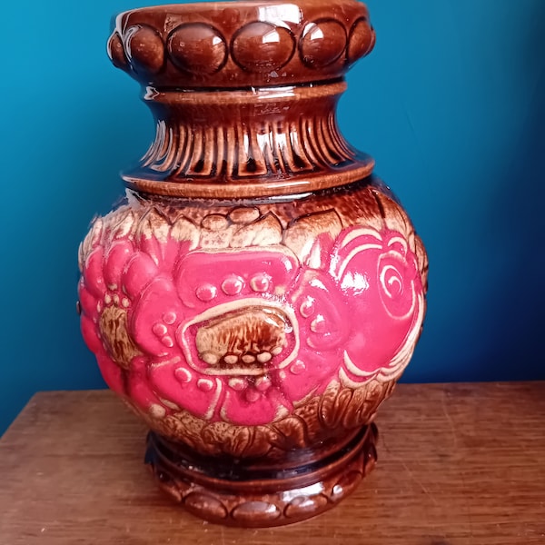 Scheurich Keramik West German Floral Red and Brown Vase