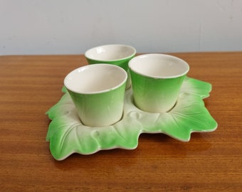 Fitzdale Trio of Ceramic Egg Cups on a Leaf Stand