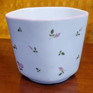 May include: A white ceramic planter with a pink rim and a floral pattern of small pink roses and green leaves. The planter has a slightly flared shape and is suitable for small plants or decorative use.