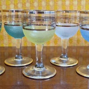 Six Frosted Glass Liqueur Glasses, Mid Century Barware, Vintage Sherry Glasses, Various Colours, 1950s Stem Glasses, Tiki Bar, Vintage Life
