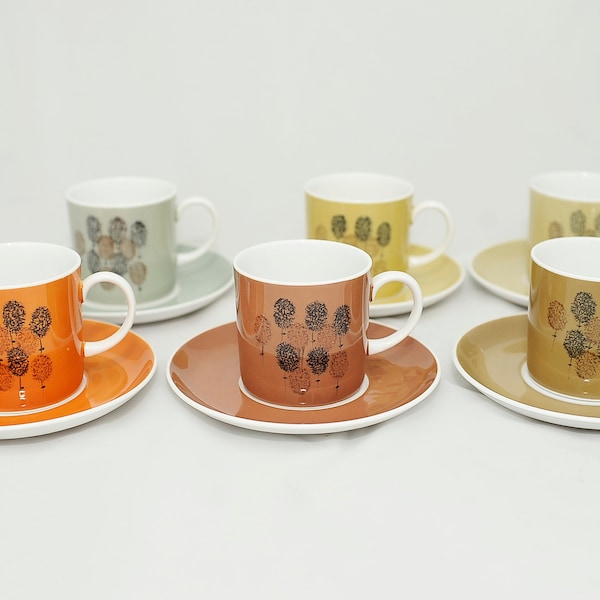 Set of Six Susie Cooper Demitasse Coffee Cups and Saucers in Autumnal Colours with a Tree Motif, Fall Colors, Trees, Forest