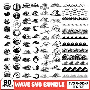 Może przedstawiać: Kolekcja 90 czarno-białych ilustracji wektorowych przedstawiających różne wzory fal oceanicznych, okrągłe ikony z falami oraz powtarzające się wzory fal. Dolny baner zawiera tekst 90 DESIGNS WAVE SVG BUNDLE SVG PNG DXF EPS PDF.