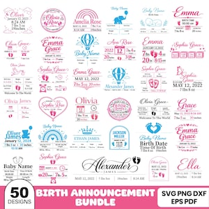 Può includere: Una collezione digitale di 50 design per annunci di nascita con testo rosa e blu, nomi di neonati, date, orari, pesi in libbre e once e lunghezze in pollici. Le grafiche includono arcobaleni, elefanti, palloncini e impronte.