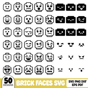 May include: A collection of 50 black and white graphic designs featuring various facial expressions on toy brick heads and isolated facial features. The text 50 DESIGNS and BRICK FACES SVG SVG PNG DXF EPS PDF is displayed at the bottom of the image.