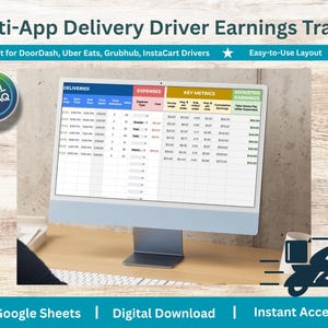 Pode incluir: Um monitor de computador exibe uma planilha intitulada "Multi-App Delivery Driver Earnings Tracker". A planilha foi projetada para motoristas DoorDash, Uber Eats, Grubhub e InstaCart. A imagem inclui um logotipo Goal Traq e um gráfico de uma scooter de entrega.