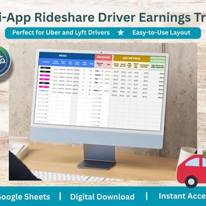May include: A computer monitor displays a spreadsheet titled "Multi-App Rideshare Driver Earnings Tracker." The screen shows data organized in columns for rides, expenses, key metrics, and adjusted earnings. The image includes a red car graphic with money on top and the text "Google Sheets | Digital Download | Instant Access."