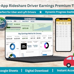 May include: A laptop displaying a rideshare driver earnings dashboard, with a smartphone showing key metrics. The dashboard includes charts and data for earnings, expenses, and key metrics. A red car graphic is at the bottom.