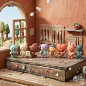 May include: A collection of colorful clay figurines, each depicting a different animal or character. The figurines are arranged on a wooden surface, with a backdrop of a room setting. The scene includes art supplies and a small succulent plant.