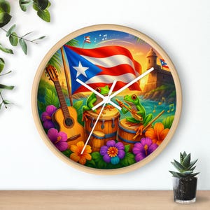 Puerto Rico Wall Clock/Tropical Boricua Music Decor with Coquí Frogs, Guitar, Bongos /Puerto Rican Home Decor Gift for Living Room or Office