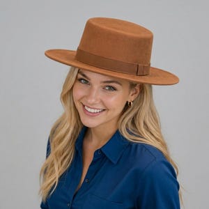 Handmade Western Suede Leather Fedora Hat | Vintage Unisex  display picture 3
