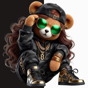 Girl Teddy Bear PNG, Hip Hop Camo Urban Streetwear Design, Sublimation Download