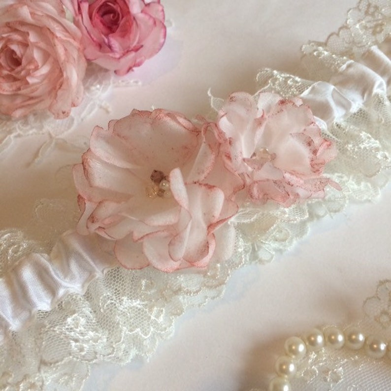 Crystals and Pearls Silk and Lace with Roses Metallic rose gold /& Ivory Wedding Garter