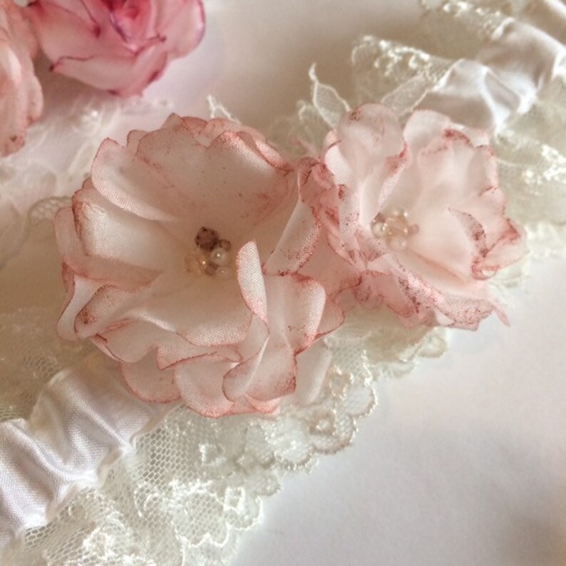 Crystals and Pearls Silk and Lace with Roses Metallic rose gold /& Ivory Wedding Garter