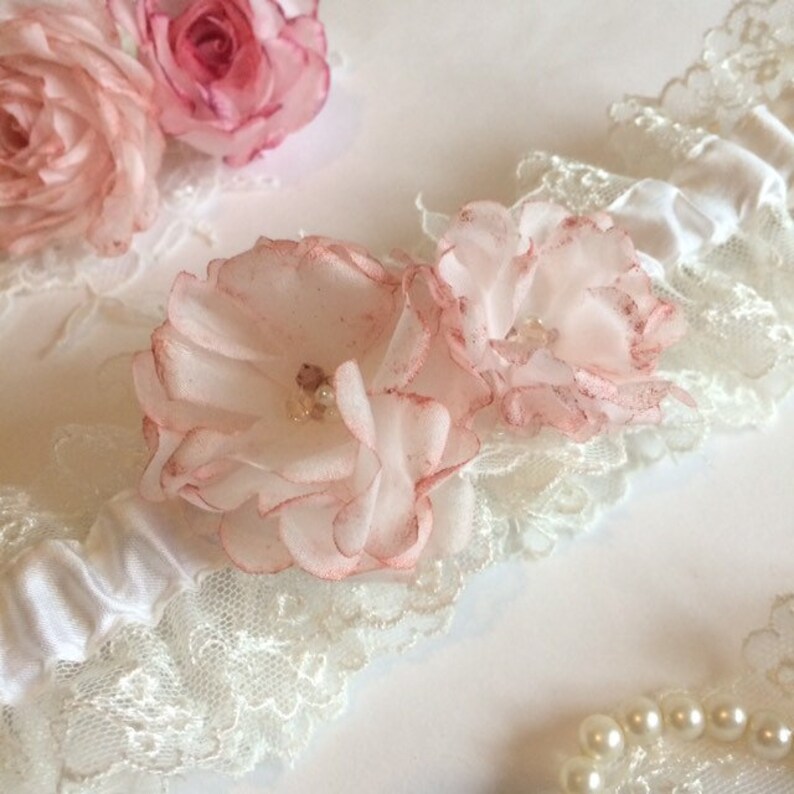 Crystals and Pearls Silk and Lace with Roses Metallic rose gold /& Ivory Wedding Garter