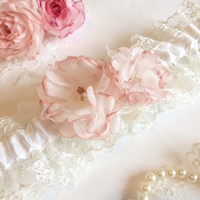 Crystals and Pearls Silk and Lace with Roses Metallic rose gold /& Ivory Wedding Garter