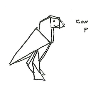 Op de afbeelding: Een zwart-wit lijntekening van een papegaaiduiker origami vogel. De tekening bevat het nummer 16 in een cirkel en de woorden "Completed Puffin". De vogel is gemaakt van geometrische vormen.