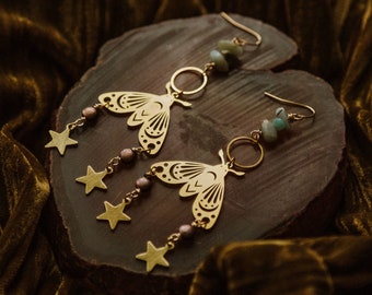 luna moth. a pair of celestial golden moth earrings adorned with amazonite and copper beads.