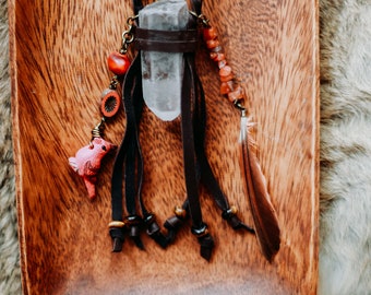 Cardinal Themed Braided Leather Quartz Crystal Wrapped Necklace