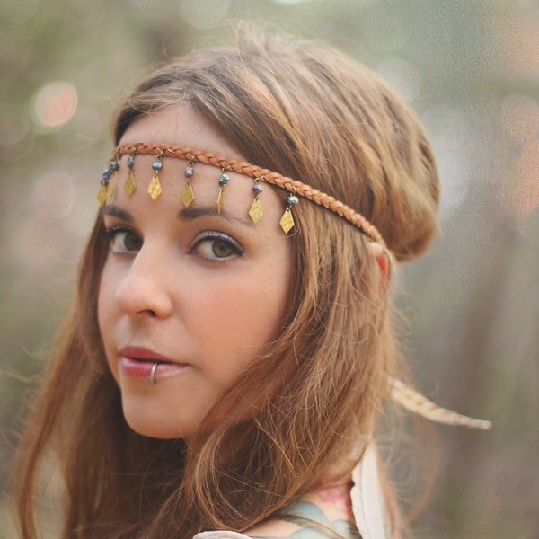 gaia.  an earthy braided deerskin feather headband.  MADE TO ORDER.