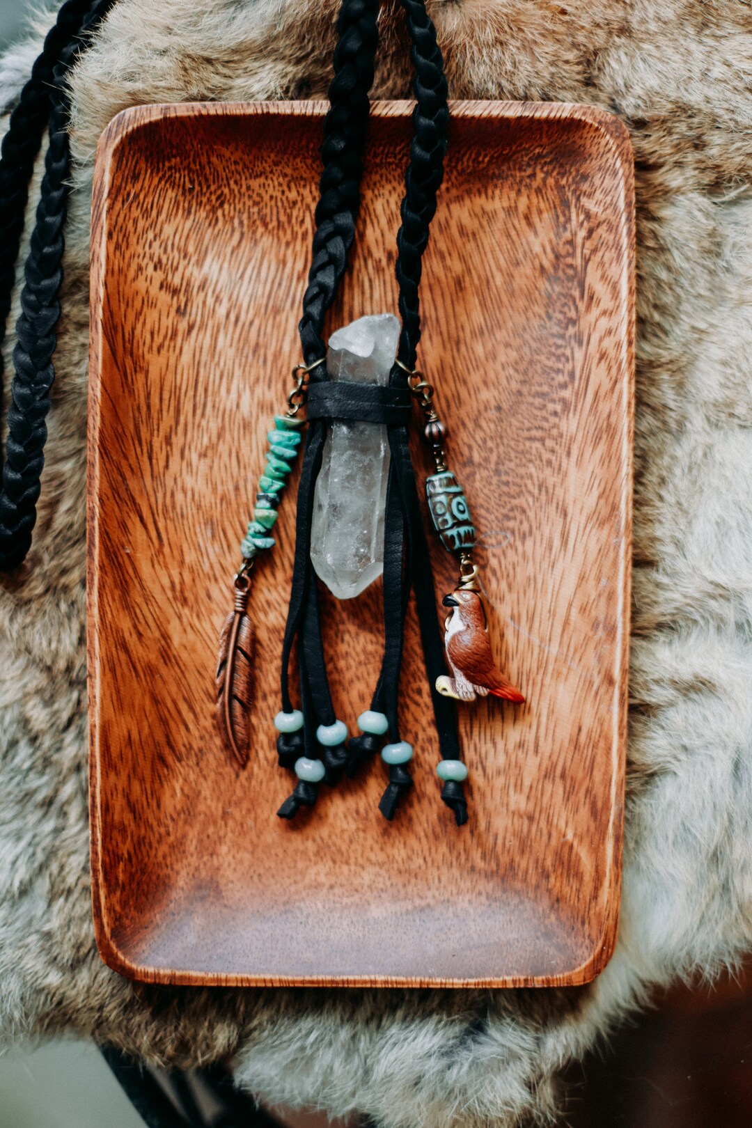 Hawk Themed Braided Leather Quartz Crystal Wrapped Necklace - Etsy
