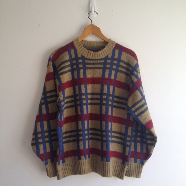 RESERVED Vintage 70's Alpaca Wool Sweater / Mens Grid Plaid Pullover M L