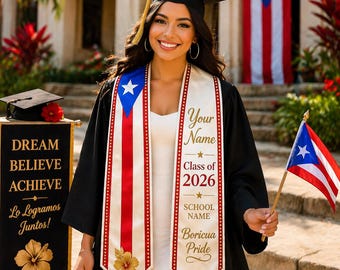 Estola de graduación puertorriqueña personalizada 2026, banda con la bandera boricua, regalo personalizado para graduados, regalo para graduados latinos