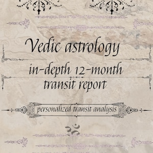 May include: A beige background with decorative black and purple accents. The text "Vedic astrology in-depth 12-month transit report" is displayed in elegant fonts. The phrase "personalized transit analysis" is also present.