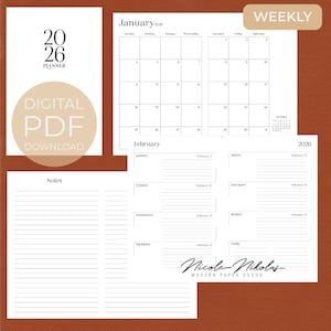 May include: A digital PDF download of a 2026 planner. The planner includes monthly and weekly layouts, a notes section, and the text "Nicole Nikolas MODERN PAPER GOODS". The design is minimalist with black text on a white background.