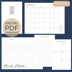 May include: A digital PDF planner with a minimalist design. The planner includes a 2026 cover, monthly calendar pages, note pages, yearly goals, and important dates sections. The design is in black and white with a tan circle that says "DIGITAL PDF DOWNLOAD".