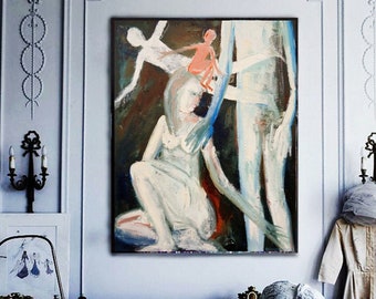 Oil on canvas original painting black white blue orange woman man brain home decoration artwork by Elisaveta Sivas