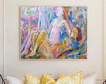 Contemporary artwork bright colors POSITIVE HAPPY EMOTIONAL art women uplifting cheerful original oil on canvas painting by Elisaveta Sivas