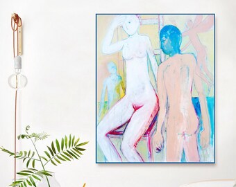 Oil on canvas original painting pink white turquoise yellow woman man home decoration art by Elisaveta Sivas wall art delicate emotional