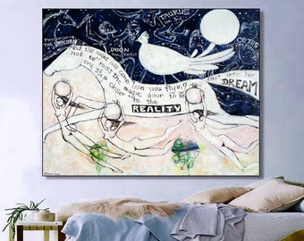 Contemporary art gallery original oil painting oil on canvas expressionist large artwork horse bird white blue art mystery stars nudes