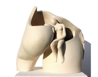 HORSE HEAD modern minimalist clay sculpture ceramic bust large original art stoneware white woman freedom love artwork by Elisaveta Sivas