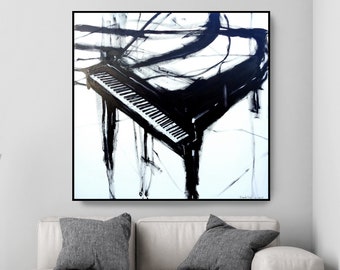 ORIGINAL ABSTRACT oil on canvas black and white large piano painting music musician art collector interior design office decor minimalist