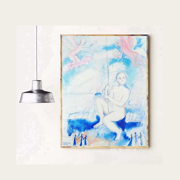 Original oil on canvas conceptual philosophical blue white pink home decor wall art gift idea existance Earth life human modern art