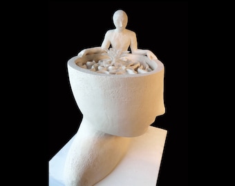 Conceptual sculpture for art collector original clay art ceramic bust figurative artwork modern art head consiousness spiritual