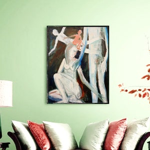 Oil on canvas original painting black white blue orange woman man brain home decoration artwork by Elisaveta Sivas image 9