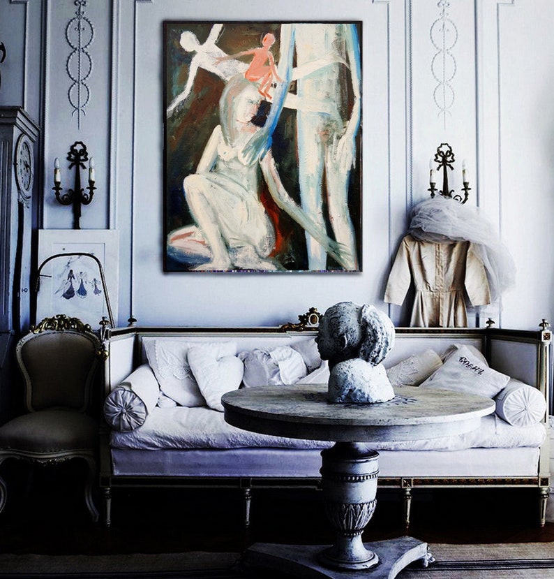 Oil on canvas original painting black white blue orange woman man brain home decoration artwork by Elisaveta Sivas image 1