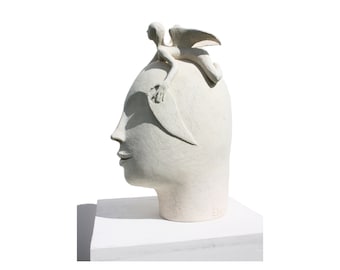 Modern sculpture ceramic bust large head original art stoneware flight freedom angel white artwork for home and office decoration unique