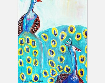 Museum-Quality Matte Paper Fine Art Print Birds Peacocks bright colorful painting wall decor small artwork gift idea blue turquoise yellow