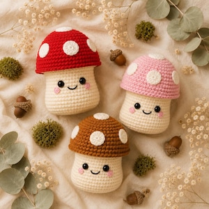 Kawaii Mushroom Crochet Pattern PDF | Amigurumi Beginner Tutorial | 3 Color Variations Digital