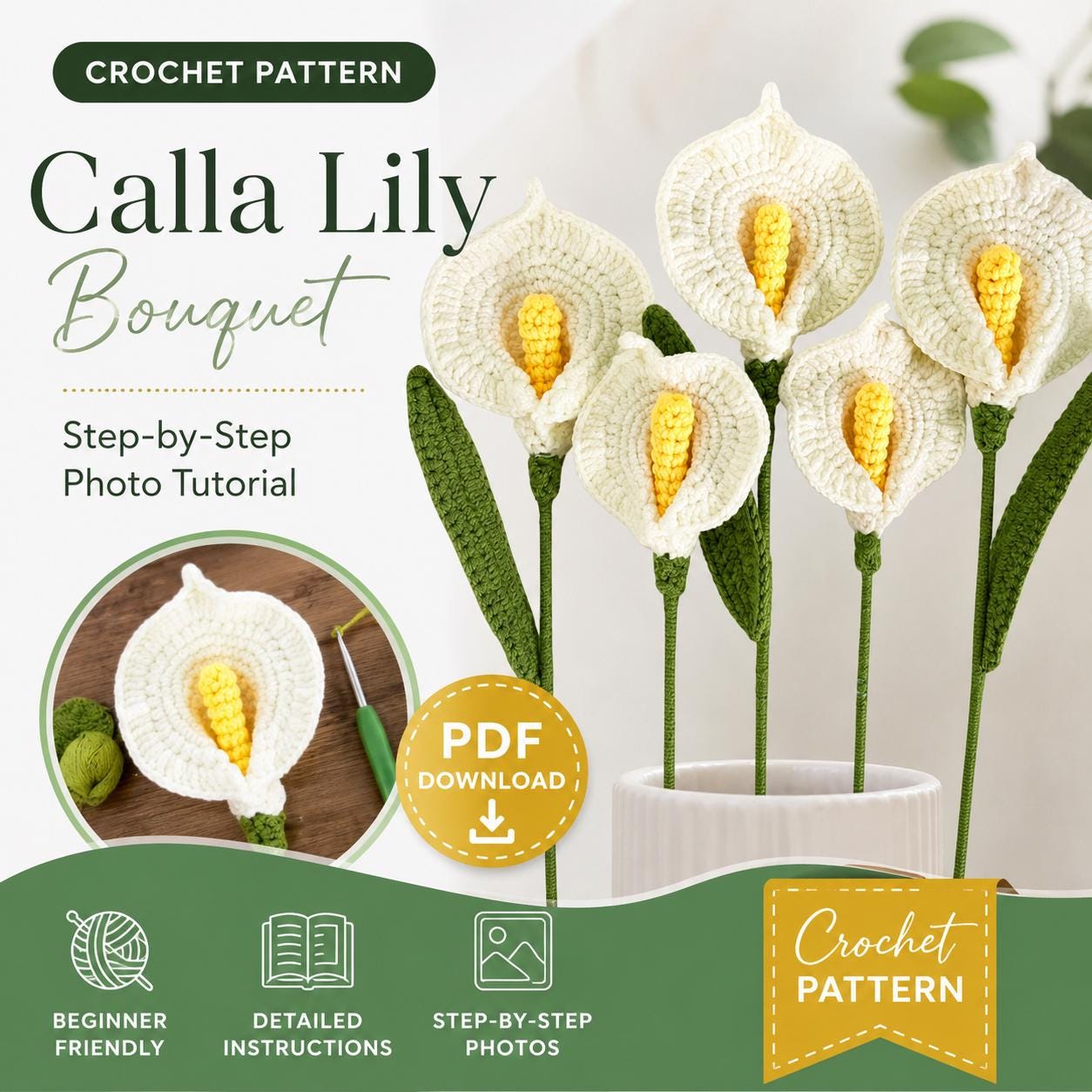 Wire Calla Lily Crochet Flower Pattern PDF